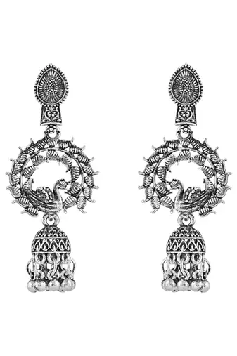Navratri Ethnic Silver Oxidised Afghani Style Peacock Fether Earrings For Women & Girls 