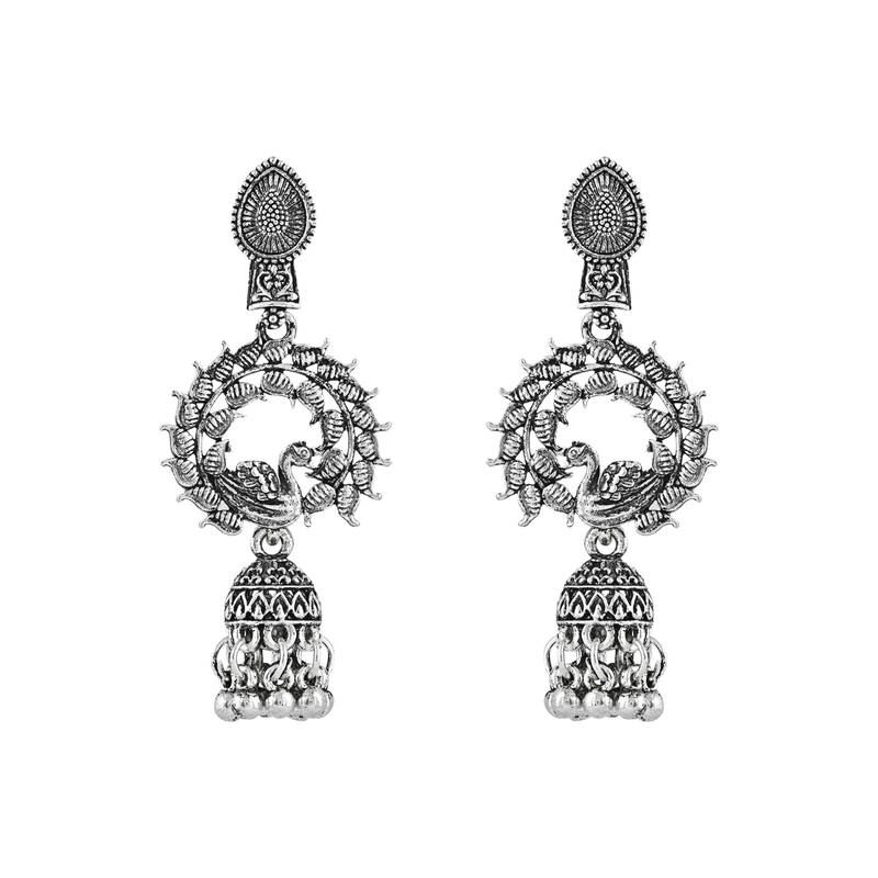 Navratri Ethnic Silver Oxidised Afghani Style Peacock Fether Earrings For Women & Girls 