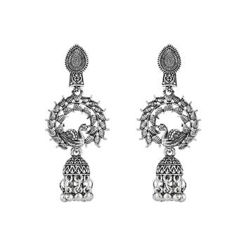 Navratri Ethnic Silver Oxidised Afghani Style Peacock Fether Earrings For Women & Girls  5