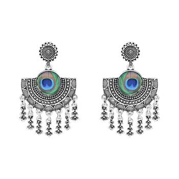 Navratri Ethnic Silver Oxidised Afghani Peacock Feather Design Drop Earrings For Women & Girls  4