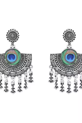 Navratri Ethnic Silver Oxidised Afghani Peacock Feather Design Drop Earrings For Women & Girls 
