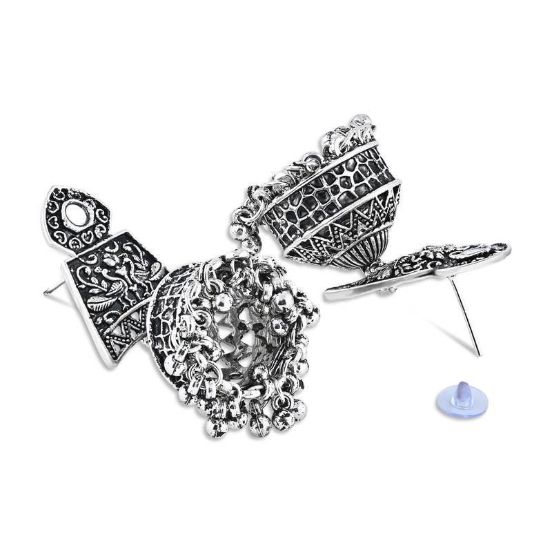 Navratri Ethnic Silver Oxidised Afghani Style Trending Jhumka Earrings For Women & Girls 