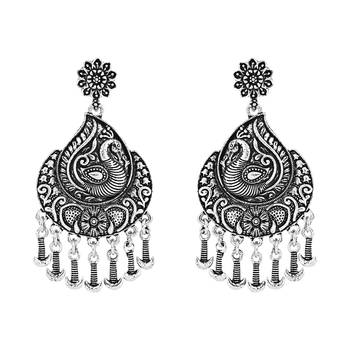 Navratri Ethnic Silver Oxidised Afghani Floral & Peacock Design Drop Earrings For Women & Girls  4