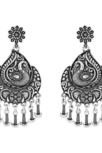 Navratri Ethnic Silver Oxidised Afghani Floral & Peacock Design Drop Earrings For Women & Girls 