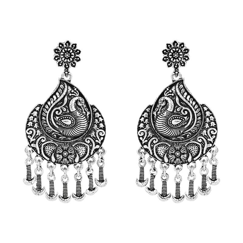 Navratri Ethnic Silver Oxidised Afghani Floral & Peacock Design Drop Earrings For Women & Girls 