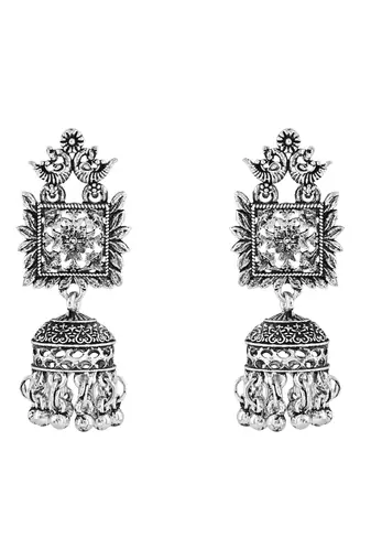 Navratri Ethnic Silver Oxidised Afghani Style Trending Jhumka Earrings For Women & Girls 