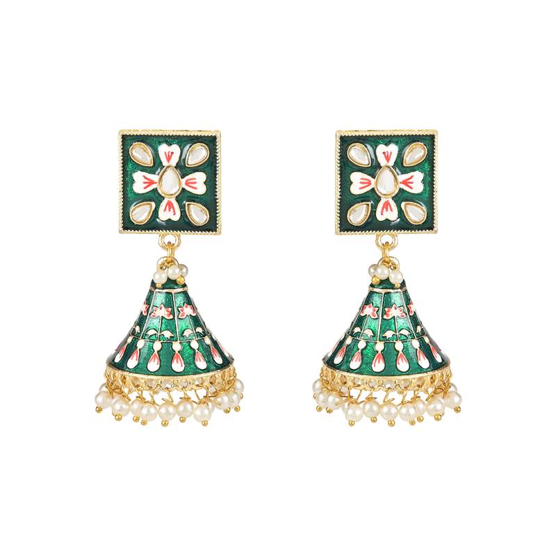 Traditional Meenakari Kundan Studded Pearl Dangle Jhumki Earrings For Women & Girls 
