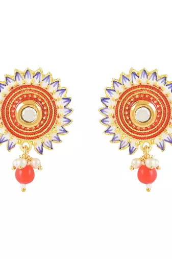 Traditonal Floral Meenakari Pearl Drop Stud Earring For Women & Girls 