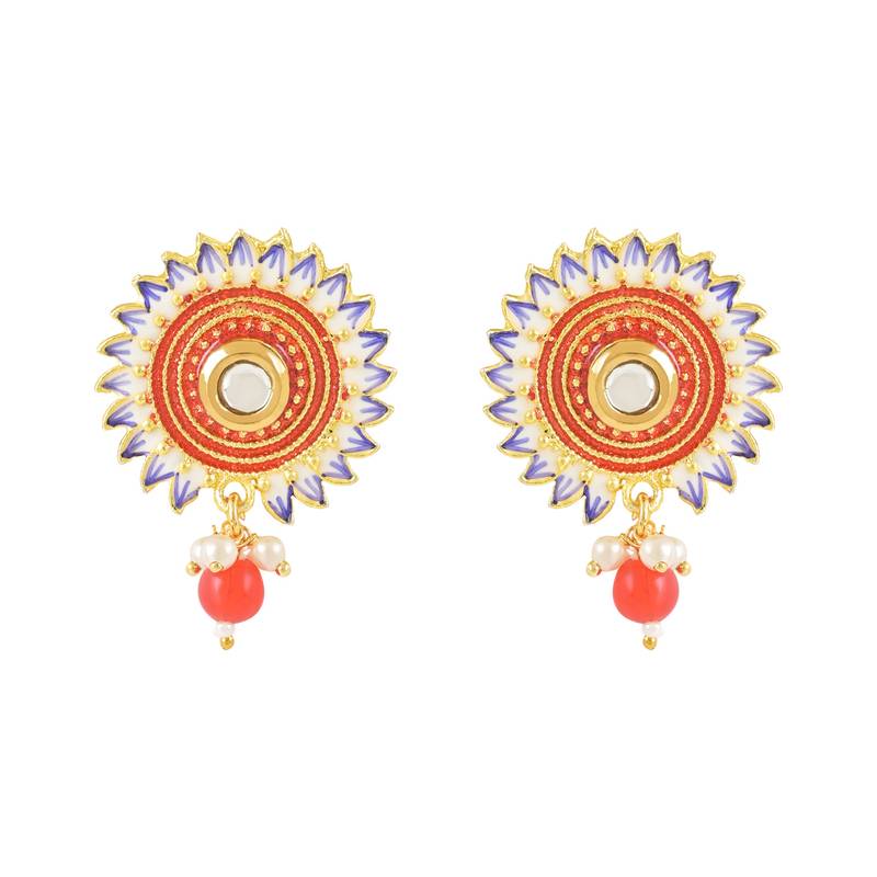 Traditonal Floral Meenakari Pearl Drop Stud Earring For Women & Girls 