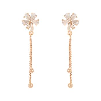 Sparkling Glamorous Rose Gold Plated Floral Shape Stud CZ and American Diamond Tassel Drop Fashionable Earrings 5