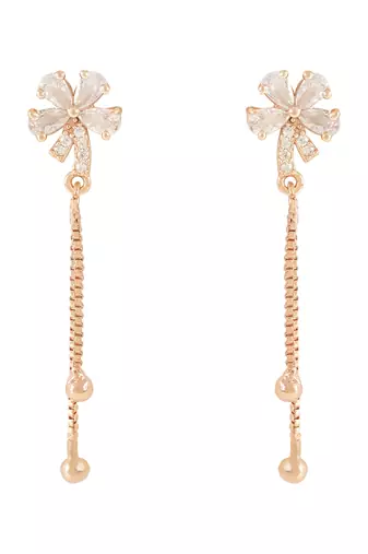 Sparkling Glamorous Rose Gold Plated Floral Shape Stud CZ and American Diamond Tassel Drop Fashionable Earrings