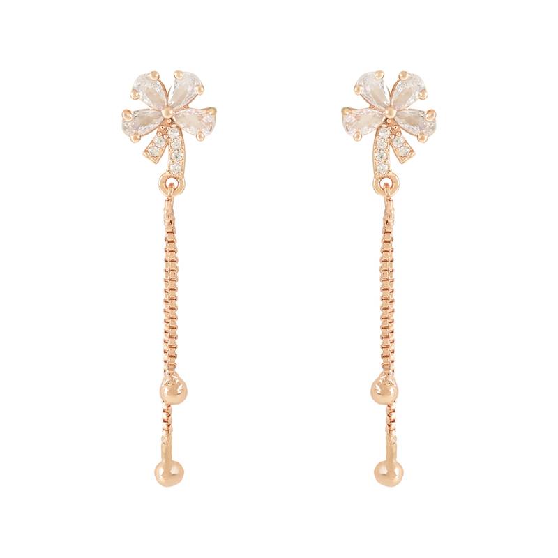Sparkling Glamorous Rose Gold Plated Floral Shape Stud CZ and American Diamond Tassel Drop Fashionable Earrings