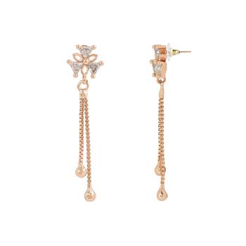 Sparkling Glamorous Rose Gold Plated Floral Shape Stud CZ and American Diamond Tassel Drop Fashionable Earrings 5