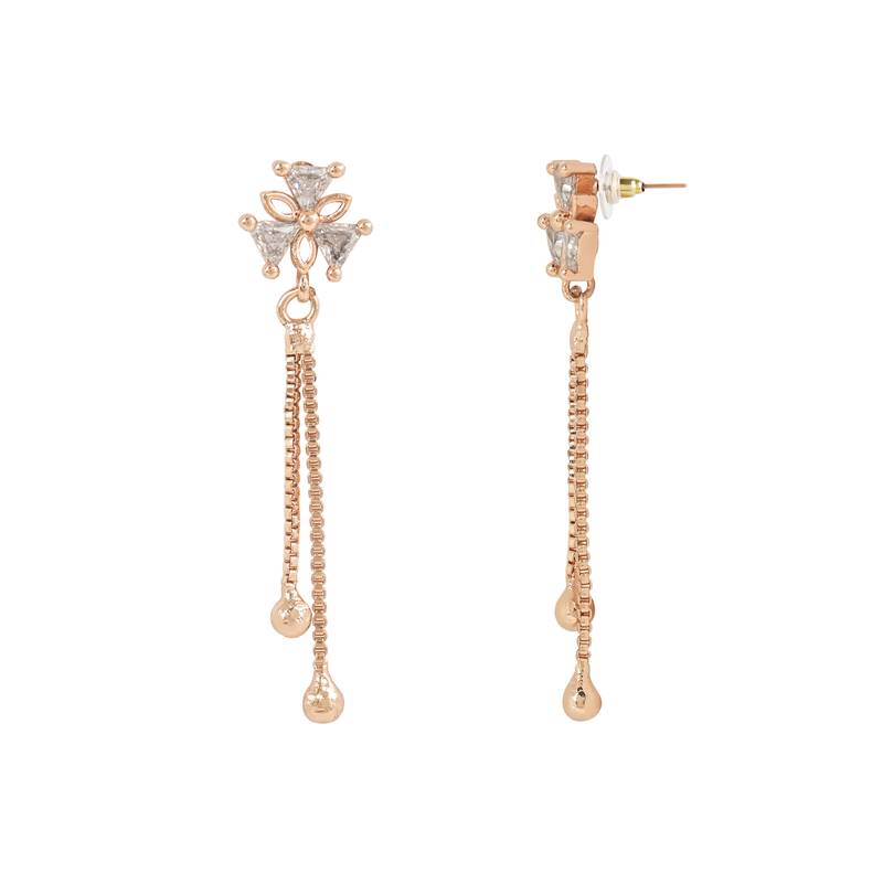 Sparkling Glamorous Rose Gold Plated Floral Shape Stud CZ and American Diamond Tassel Drop Fashionable Earrings