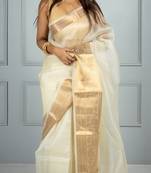 Women's Organza Saree with Zari Gold woven border for Party or festive wear