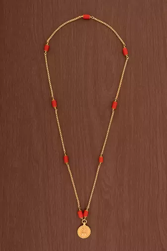 Golden box chain and coral necklace30" with Laxmi coin pendant one gram gold