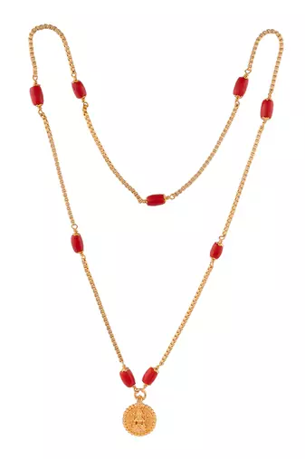 Golden box chain and coral necklace30" with Laxmi coin pendant one gram gold