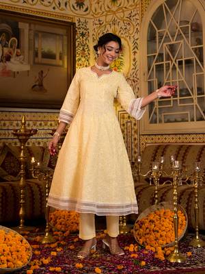 Yufta women yellow pure cotton sequence work anarkali kurta trouser with dupatta set 5