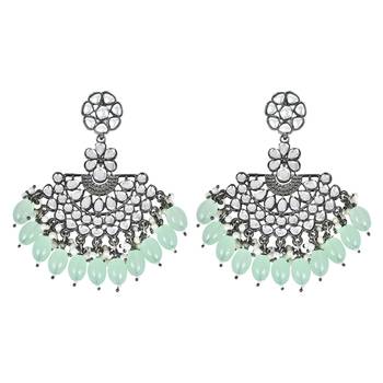 Navratri Ethnic Stylish Silver Oxidised Kundan Pearl Chandbali Earrings For Women And Girls  3