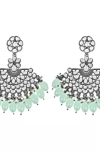 Navratri Ethnic Stylish Silver Oxidised Kundan Pearl Chandbali Earrings For Women And Girls 
