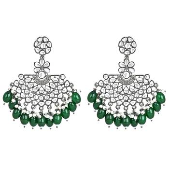 Navratri Ethnic Stylish Silver Oxidised Kundan Pearl Chandbali Earrings For Women And Girls  4