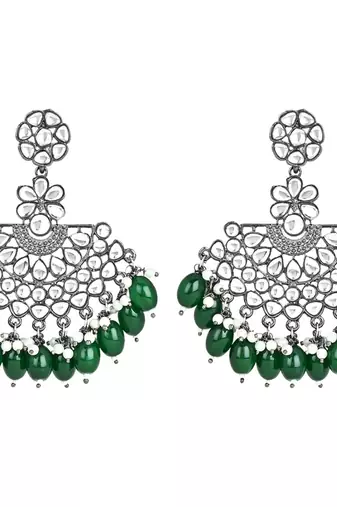 Navratri Ethnic Stylish Silver Oxidised Kundan Pearl Chandbali Earrings For Women And Girls 