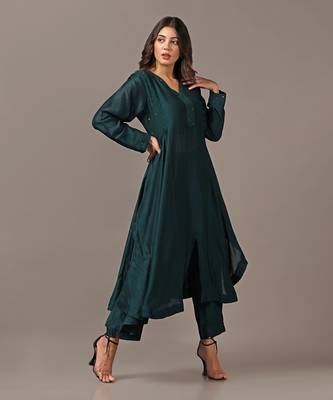 Teal green asymmetrical kurta set 1
