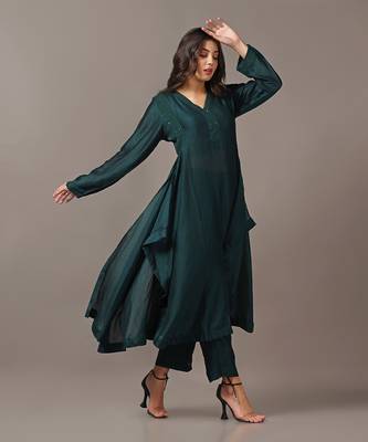 Teal green asymmetrical kurta set 2