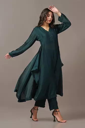 Teal green asymmetrical kurta set