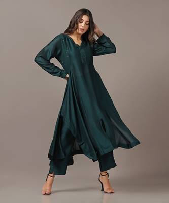 Teal green asymmetrical kurta set 3