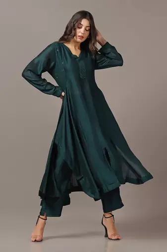 Teal green asymmetrical kurta set