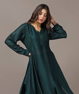 Teal green asymmetrical kurta set 4