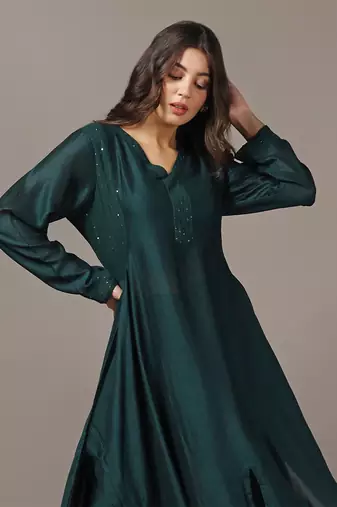 Teal green asymmetrical kurta set