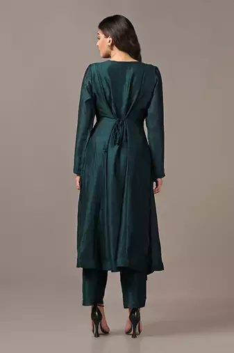 Teal green asymmetrical kurta set