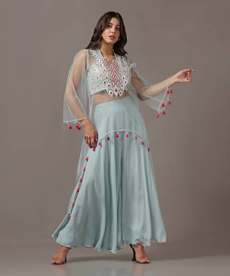 Blue sharara set with net embroidered kurta 1