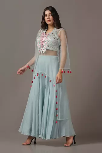 Blue sharara set with net embroidered kurta