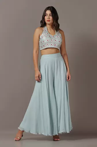 Blue sharara set with net embroidered kurta