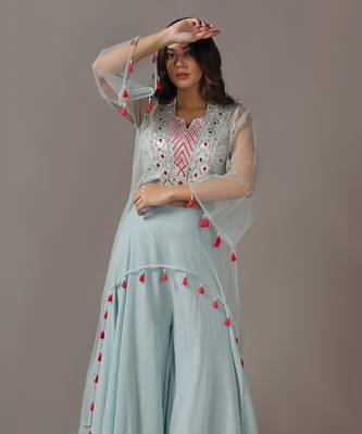 Blue sharara set with net embroidered kurta 4