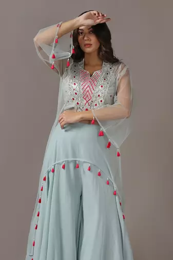 Blue sharara set with net embroidered kurta