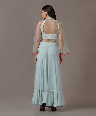 Blue sharara set with net embroidered kurta 5