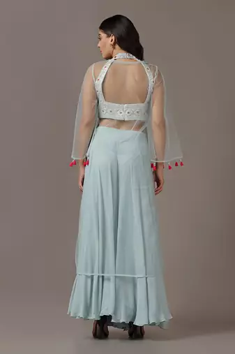 Blue sharara set with net embroidered kurta