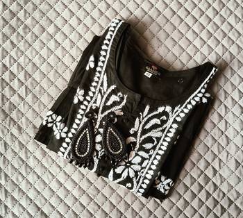 Women's Chikankari hand Embroidered Cotton Blend Flared short Black Kurta 1