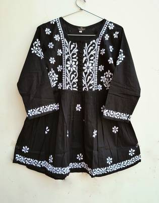 Women's Chikankari hand Embroidered Cotton Blend Flared short Black Kurta 2