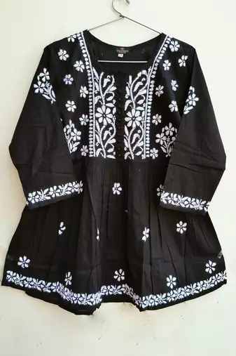 Women's Chikankari hand Embroidered Cotton Blend Flared short Black Kurta
