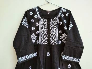 Women's Chikankari hand Embroidered Cotton Blend Flared short Black Kurta 3
