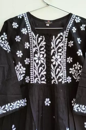Women's Chikankari hand Embroidered Cotton Blend Flared short Black Kurta