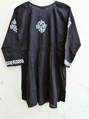 Women's Chikankari hand Embroidered Cotton Blend Flared short Black Kurta 4
