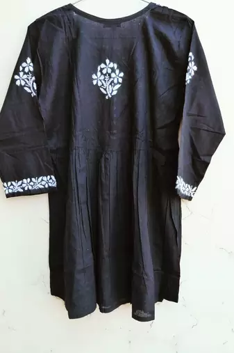 Women's Chikankari hand Embroidered Cotton Blend Flared short Black Kurta