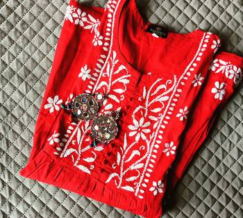 Women's Chikankari hand Embroidered Cotton Blend Flared short Red Kurta 1