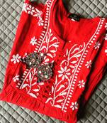 Women's Chikankari hand Embroidered Cotton Blend Flared short Red Kurta